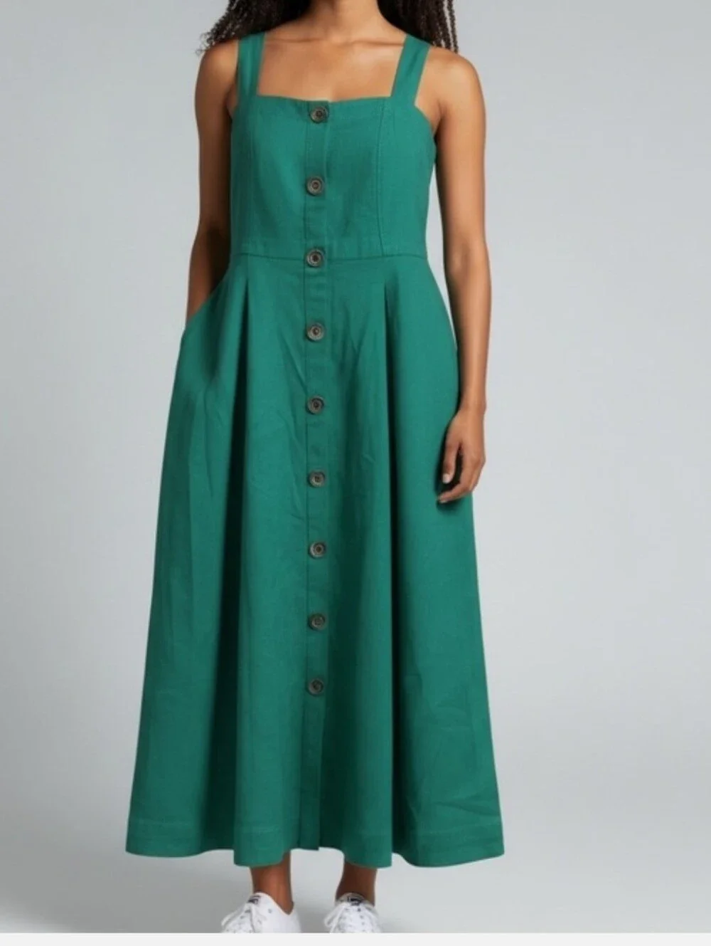 Anthropologie Maeve Green Midi Dress w/ Tortoiseshell Buttons& Pockets. Size 14